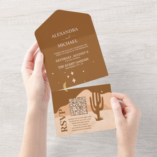 QR Code  Mid Century Desert Bruiloft All In One Uitnodiging (Afscheurbaar)