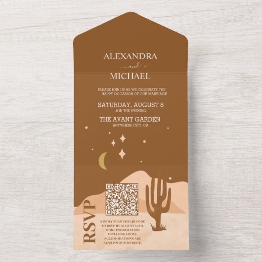 QR Code  Mid Century Desert Bruiloft All In One Uitnodiging (Binnen)
