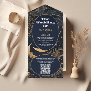 QR Code Middernacht Blauw Goud Hemels Huwelijk All In One Uitnodiging