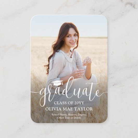 QR Code Mini Afstuderen Foto Modern Wit Script Informatiekaartje (Voorkant)