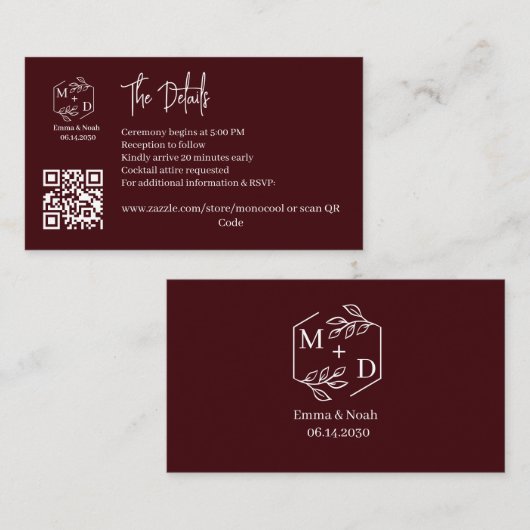 Qr Code Minimaal Monogram Trouwdetails Burgundyroo Informatiekaartje (Voorkant / Achterkant)