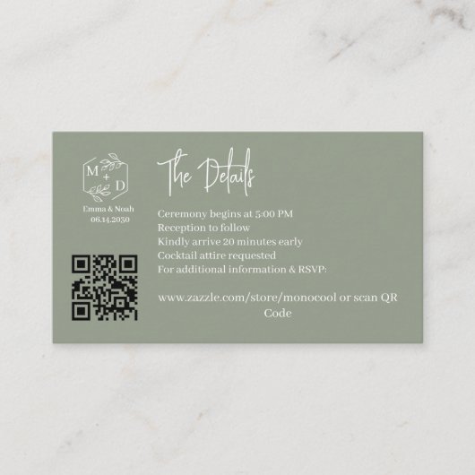 Qr Code Minimaal Monogram Trouwdetails SageGreen Informatiekaartje (Voorkant)