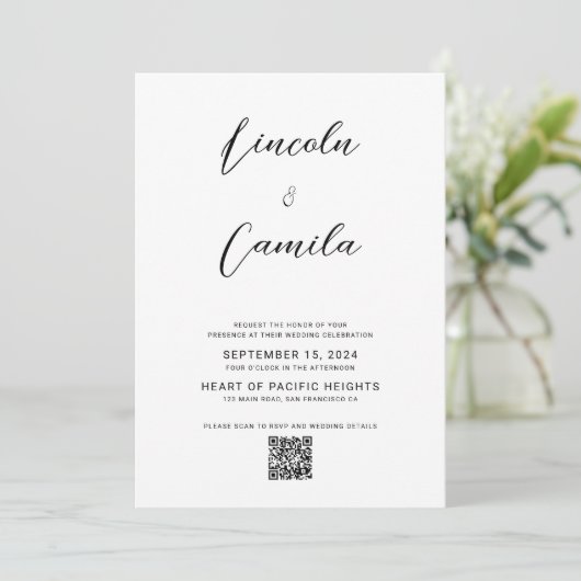 QR-code | Minimale legant Script Budget Wedding Kaart (Staand voorkant)