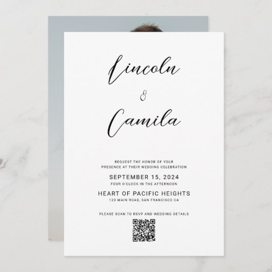 QR-code | Minimale legant Script Budget Wedding Kaart (Voorkant / Achterkant)