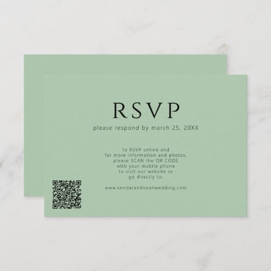 QR-code minimale moderne salie groene bruiloft RSVP Kaartje (Voorkant / Achterkant)