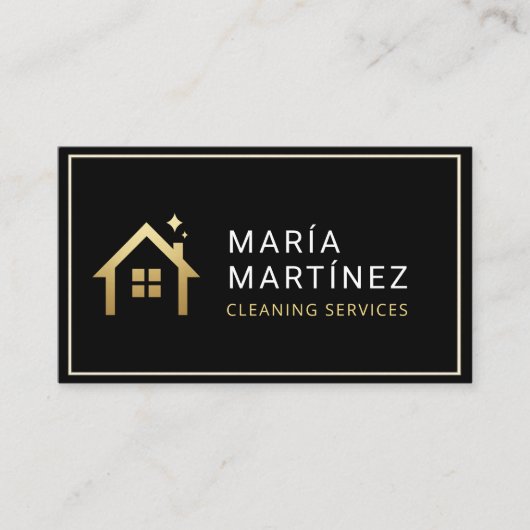 QR Code Minimalist Black Gold Cleaning Services Visitekaartje (Voorkant)