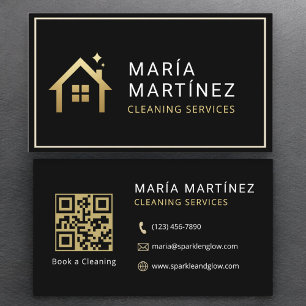 QR Code Minimalist Black Gold Cleaning Services Visitekaartje