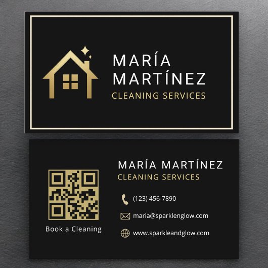 QR Code Minimalist Black Gold Cleaning Services Visitekaartje