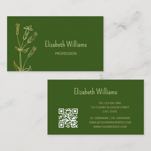 QR-code | Minimalistisch groene wilde bloem Visitekaartje (Voorkant / Achterkant)