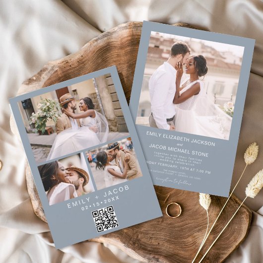 QR-code Minimalistisch Stusty Blue Wedding Foto Kaart