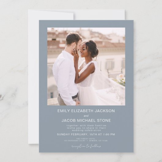 QR-code Minimalistisch Stusty Blue Wedding Foto Kaart (Achterkant)