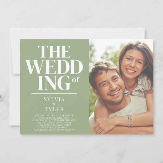 QR-code Minimalistisch Typografie Sage Foto Wedden Kaart (Voorkant)