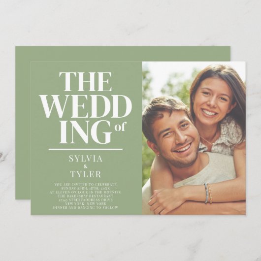 QR-code Minimalistisch Typografie Sage Foto Wedden Kaart (Voorkant / Achterkant)