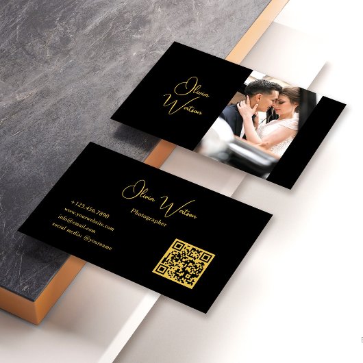 QR Code Minimalistische Trendy Gouden Script Fotog Visitekaartje