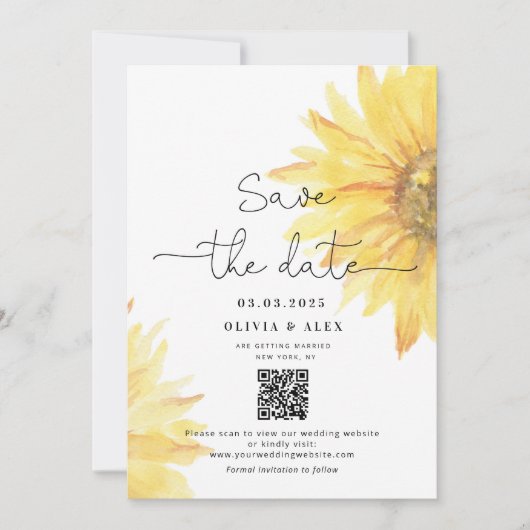 QR-code Minimalistische zonnebloemen slaan de datu Save The Date (Voorkant)
