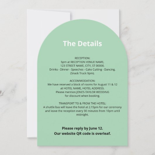 QR Code Mint Green Wedding Details Kaart (Voorkant)