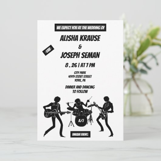 QR Code Modern Black en Withe Music Wedding Kaart (Staand voorkant)