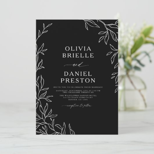 QR-code Modern Black & White Minimal Leaf Wedding Kaart (Staand voorkant)