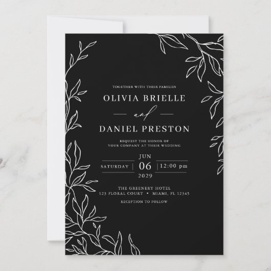 QR-code Modern Black & White Minimal Leaf Wedding Kaart (Voorkant)