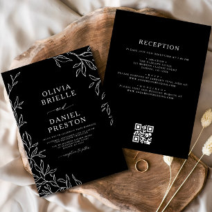 QR-code Modern Black & White Minimal Leaf Wedding Kaart
