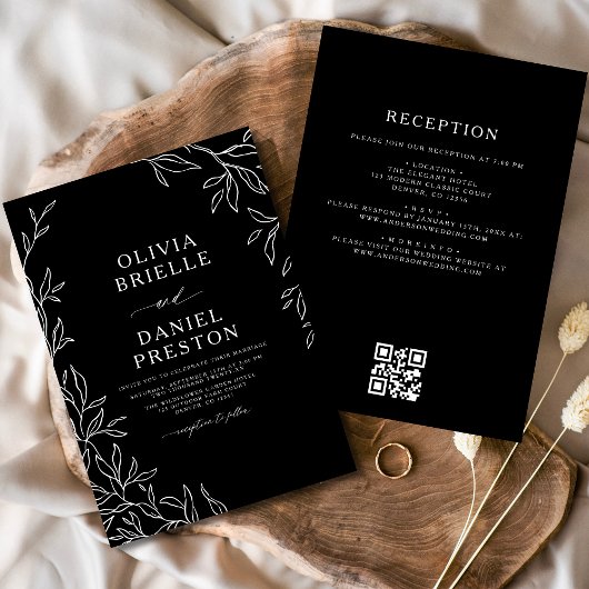 QR-code Modern Black & White Minimal Leaf Wedding Kaart