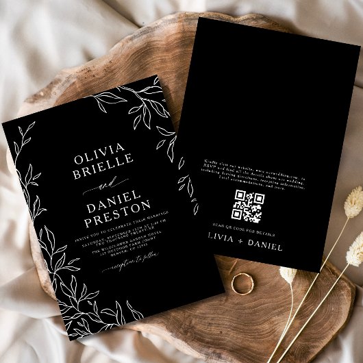 QR-code Modern Black & White Minimal Leaf Wedding Kaart