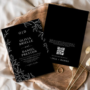 QR-code Modern Black & White Minimal Leaf Wedding Kaart
