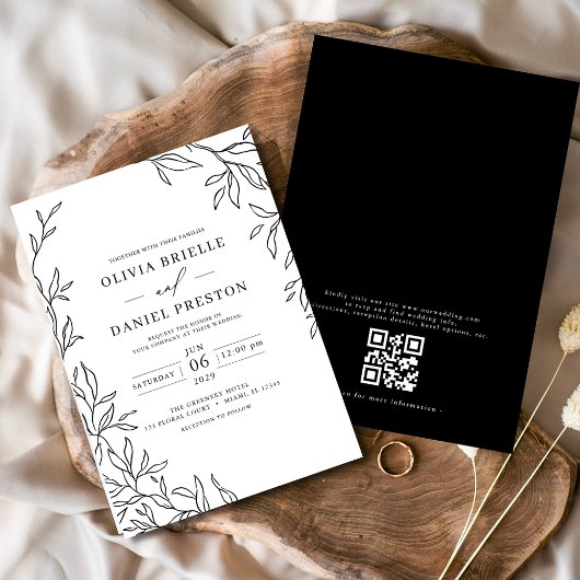 QR-code Modern Black & White Minimal Leaf Wedding Kaart