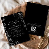 QR-code Modern Black & White Minimal Leaf Wedding Kaart