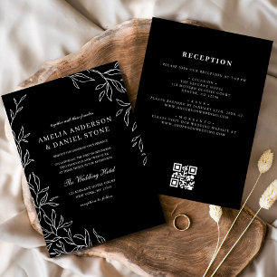 QR-code Modern Black & White Minimal Leaf Wedding Kaart