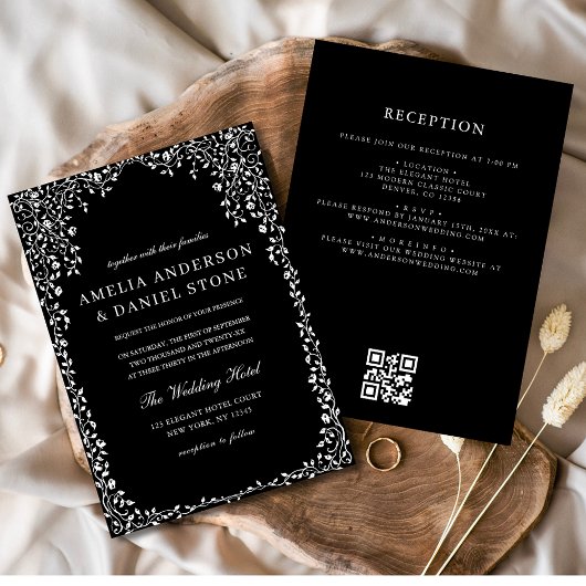 QR-code Modern Black & White Minimal Leaf Wedding Kaart