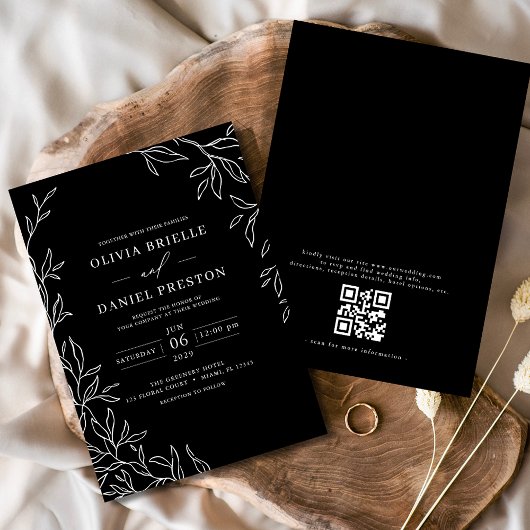 QR-code Modern Black & White Minimal Leaf Wedding Kaart