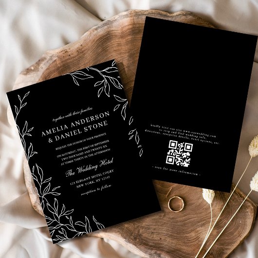 QR-code Modern Black & White Minimal Leaf Wedding Kaart