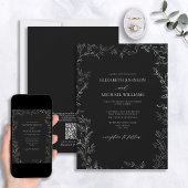 QR-code Modern Black & White Minimal Leaf Wedding Kaart