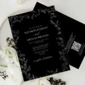 QR-code Modern Black & White Minimal Leaf Wedding Kaart
