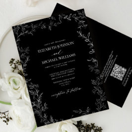 QR-code Modern Black & White Minimal Leaf Wedding Kaart