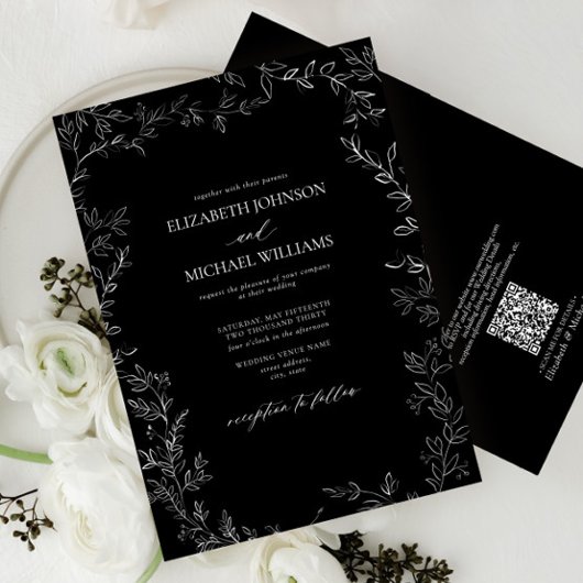 QR-code Modern Black & White Minimal Leaf Wedding Kaart
