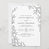 QR-code Modern Black & White Minimal Leaf Wedding Kaart (Voorkant)