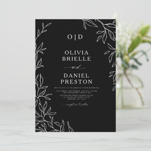 QR-code Modern Black & White Minimal Leaf Wedding Kaart (Staand voorkant)