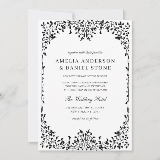 QR-code Modern Black & White Minimal Leaf Wedding Kaart (Voorkant)