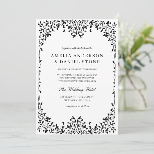 QR-code Modern Black & White Minimal Leaf Wedding Kaart (Staand voorkant)