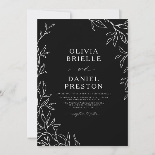QR-code Modern Black & White Minimal Leaf Wedding Kaart (Voorkant)