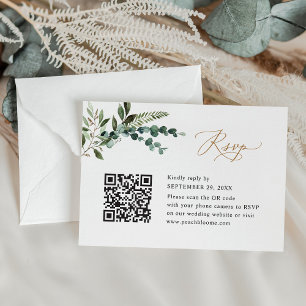 QR Code Modern Boho Greenery Gold Wedding RSVP Kaartje