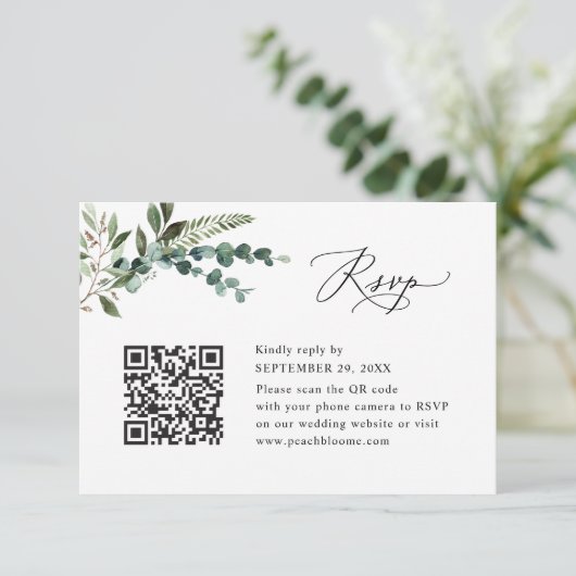 QR Code Modern Boho Greenery Wedding RSVP Kaartje (Staand voorkant)