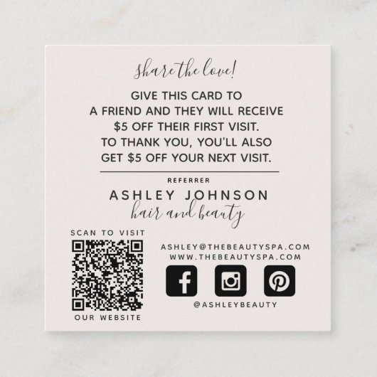 QR Code Modern Botanisch Blush Zwart Verwijzings K Vierkante Visitekaartje (Achterkant)