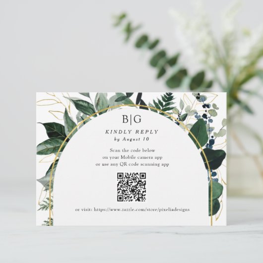 QR-code Modern Botanisch groen loof bruiloft RSVP Kaartje (Staand voorkant)