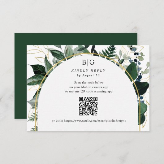 QR-code Modern Botanisch groen loof bruiloft RSVP Kaartje (Voorkant / Achterkant)