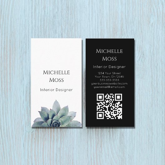 QR code Modern Botanisch groen Zwart Wit Visitekaartje