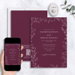 QR-code Modern Burgundy Minimal Leaf Wedding Kaart<br><div class="desc">Maak je grote dag onvergetelijk wanneer je onze QR-code Moderne Bourgogne Minimale Uitnodiging tot bruiloft uitstuurt. Deze verfijnde uitnodiging is zeker om een verklaring af te leggen met het elegante formele Bourgogne & witte ontwerp, met een delicate handgetekende bladgrens en een handgeschreven scripttypografie in dezelfde tint. Het is een perfecte...</div>