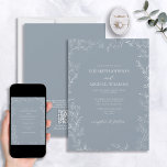 QR-code Modern Dusty Blue Minimal Leaf Wedding Kaart<br><div class="desc">Maak je grote dag onvergegeteld wanneer je onze QR Code Modern Dusty Blue Minimal Leaf Wedding Invitation stuurt. Deze verfijnde uitnodiging is zeker om een verklaring af te leggen met zijn elegante, stoffige blauwe ontwerp, met een delicate handgetekende bladgrens en handgeschreven scripttypografie in dezelfde tint. Het is een perfecte keuze...</div>